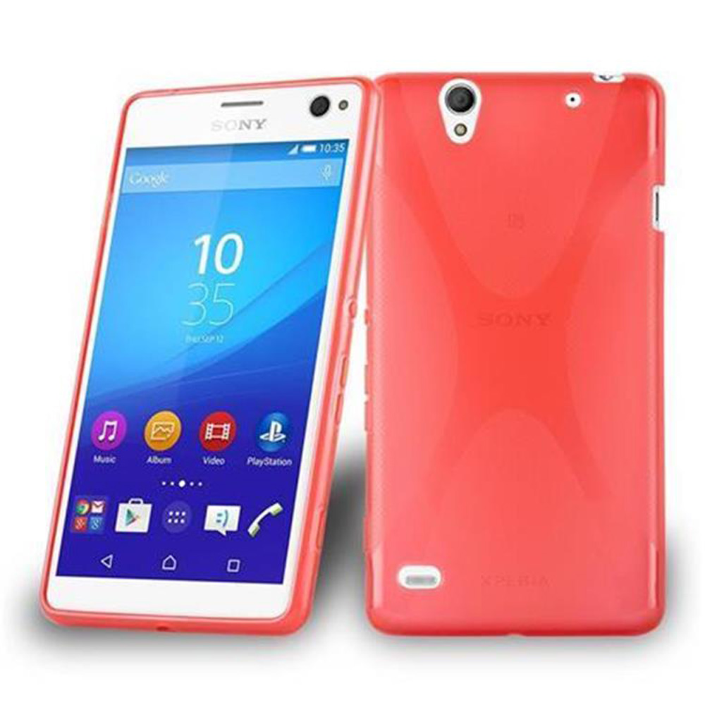 Teléfono rojo con borde blanco y funda roja. La pantalla muestra iconos y una hora.