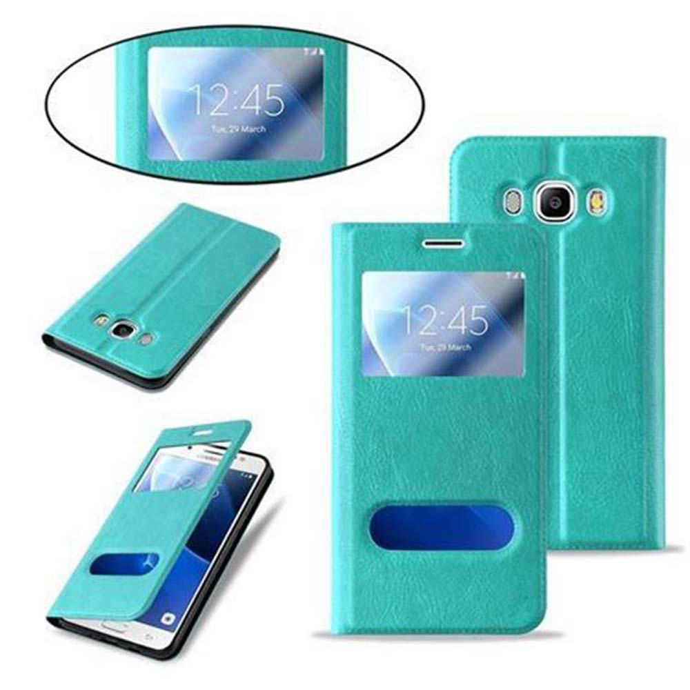 Custodia per telefono color verde acqua con una finestra. Mostra il telefono con l'ora visualizzata.