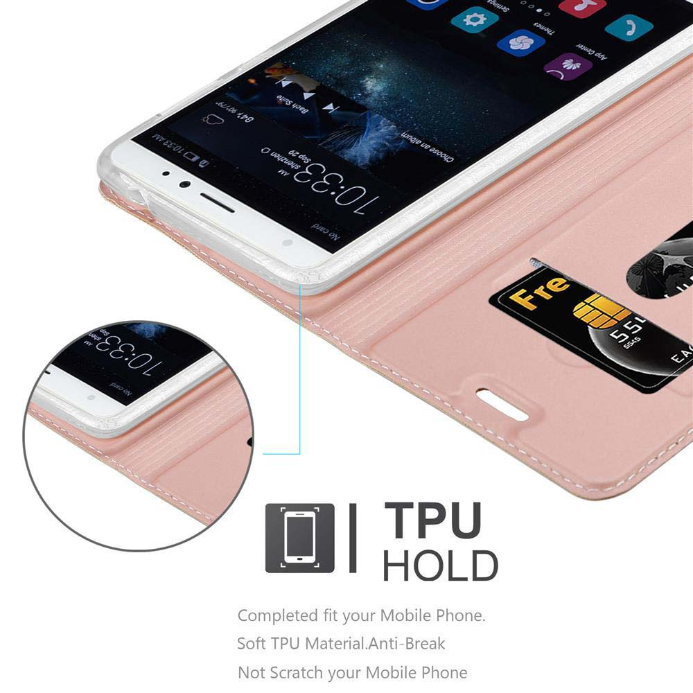 Smartphone in custodia rosa, carta di credito visibile. Schermo con menu e icone.