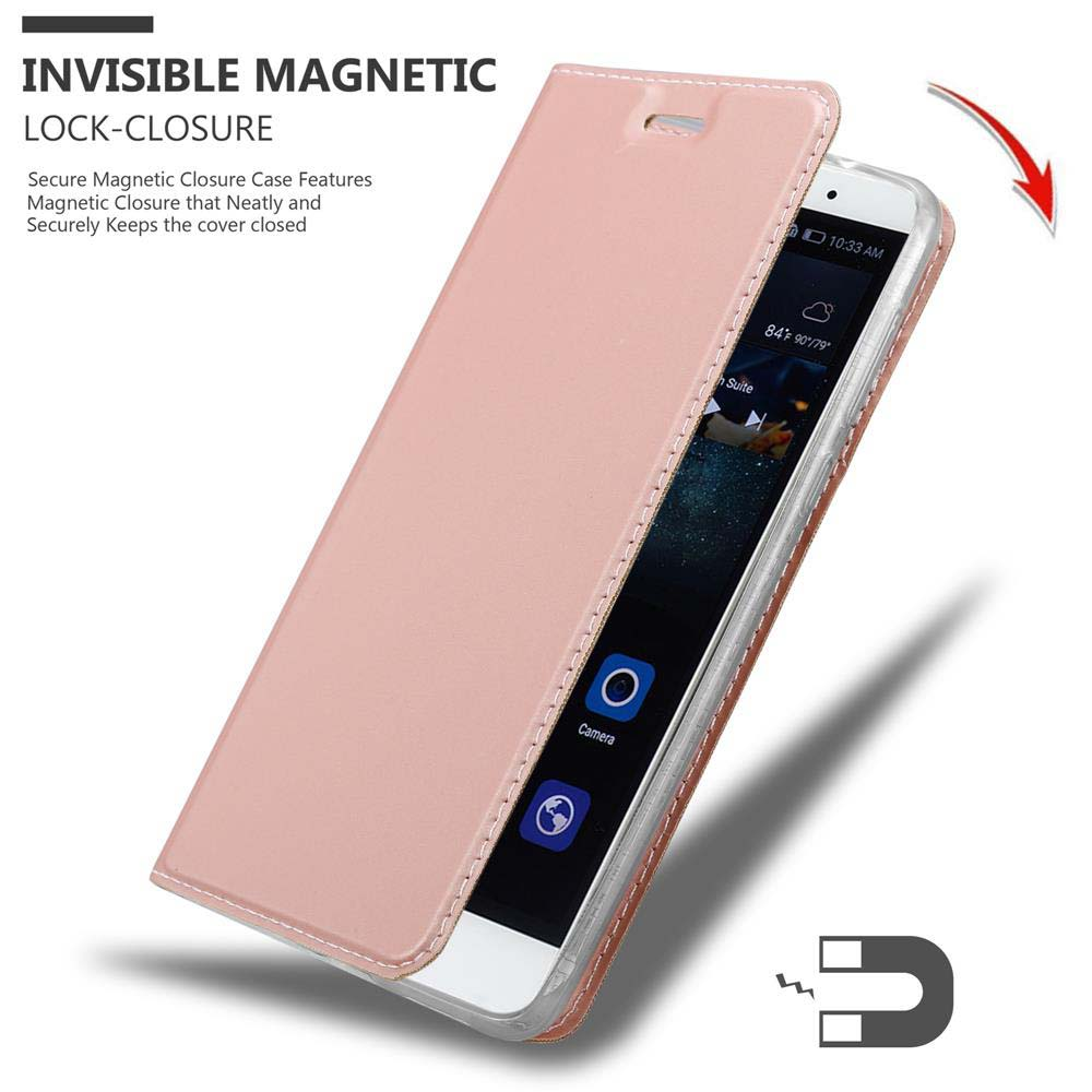 Una custodia per telefono rosa con chiusura magnetica, parzialmente aperta, che rivela il telefono.