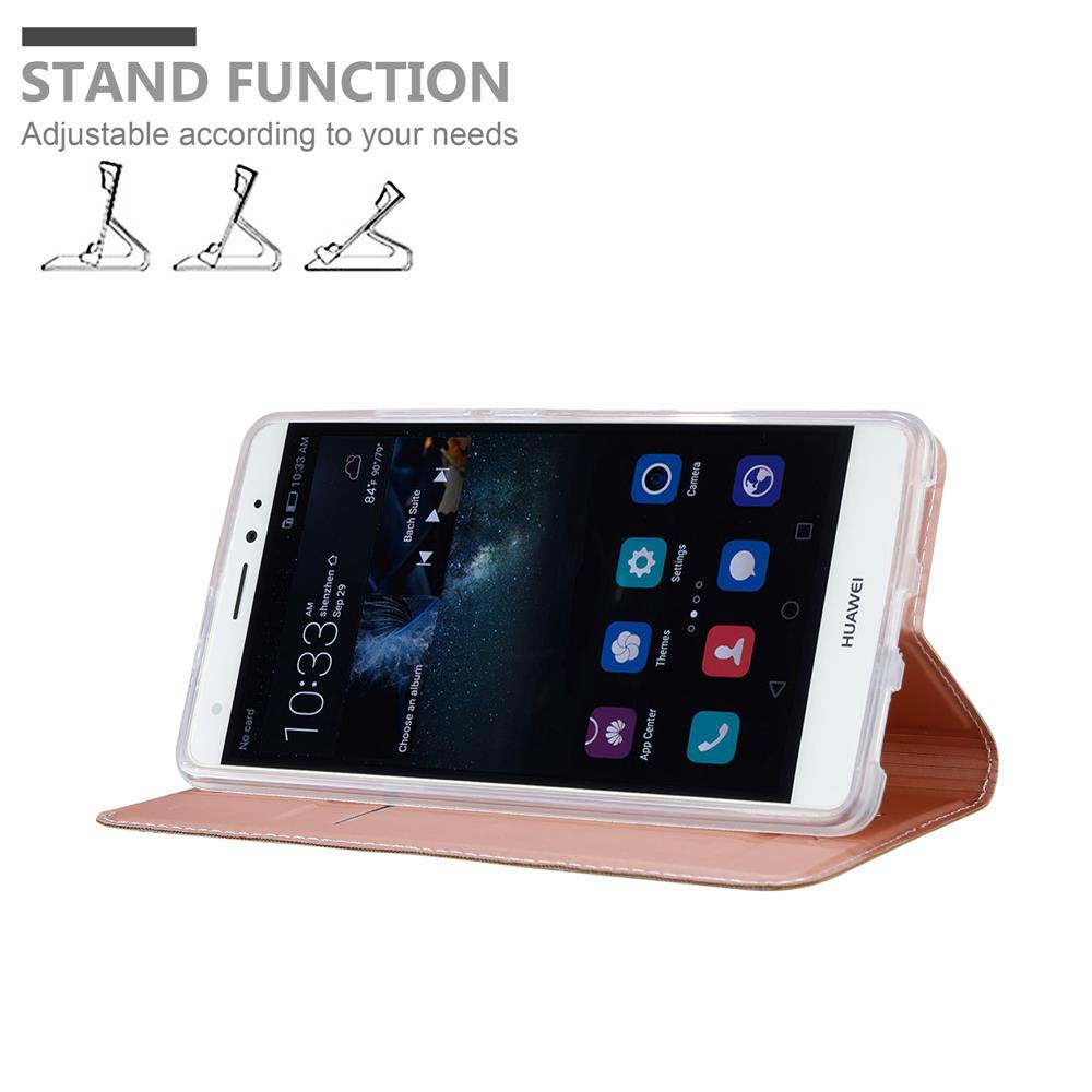 Telefono in una custodia a portafoglio marrone, appoggiato. Testo: Funzione stand.