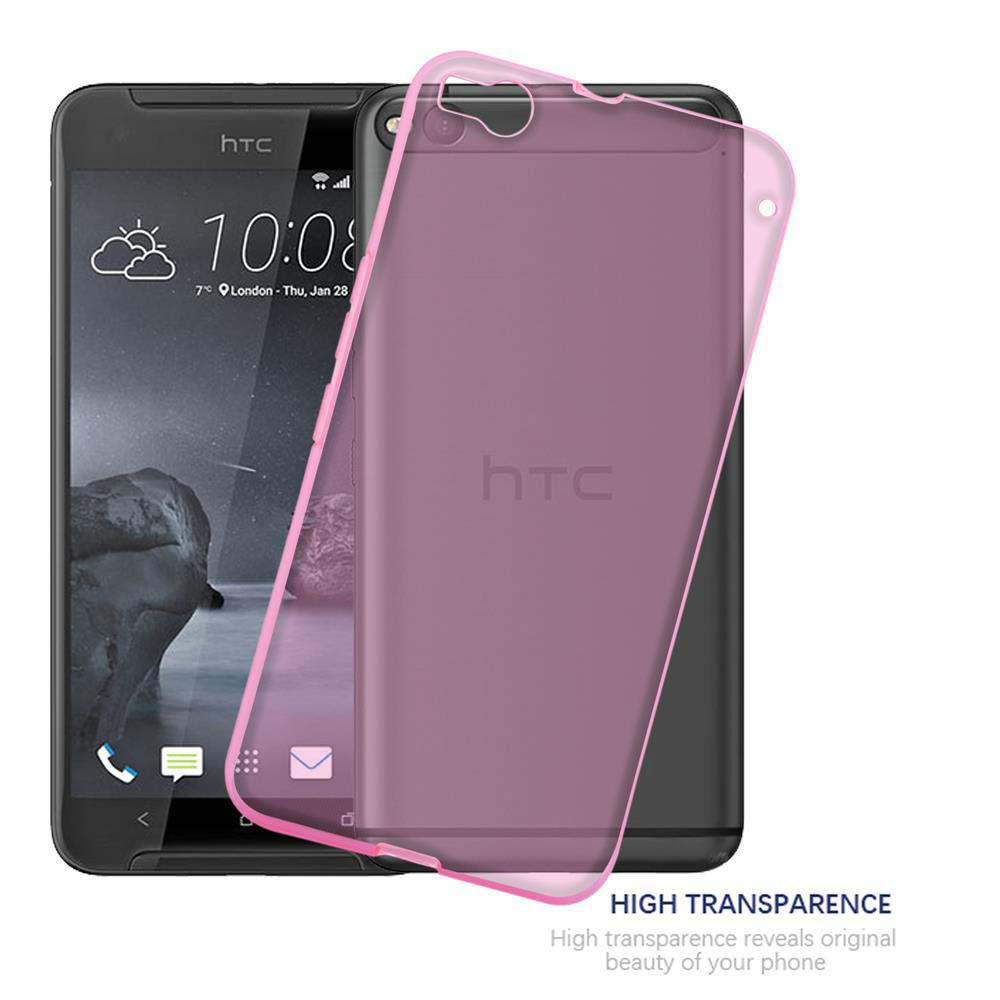 Custodia trasparente rosa per telefono su un telefono HTC nero, che evidenzia l'alta trasparenza.