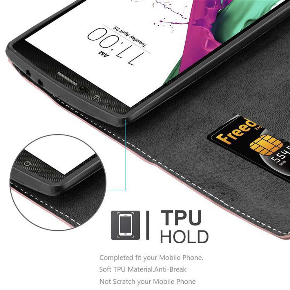 Un teléfono en una funda, mostrando la pantalla y una ranura para tarjeta de crédito, con vista de cerca.