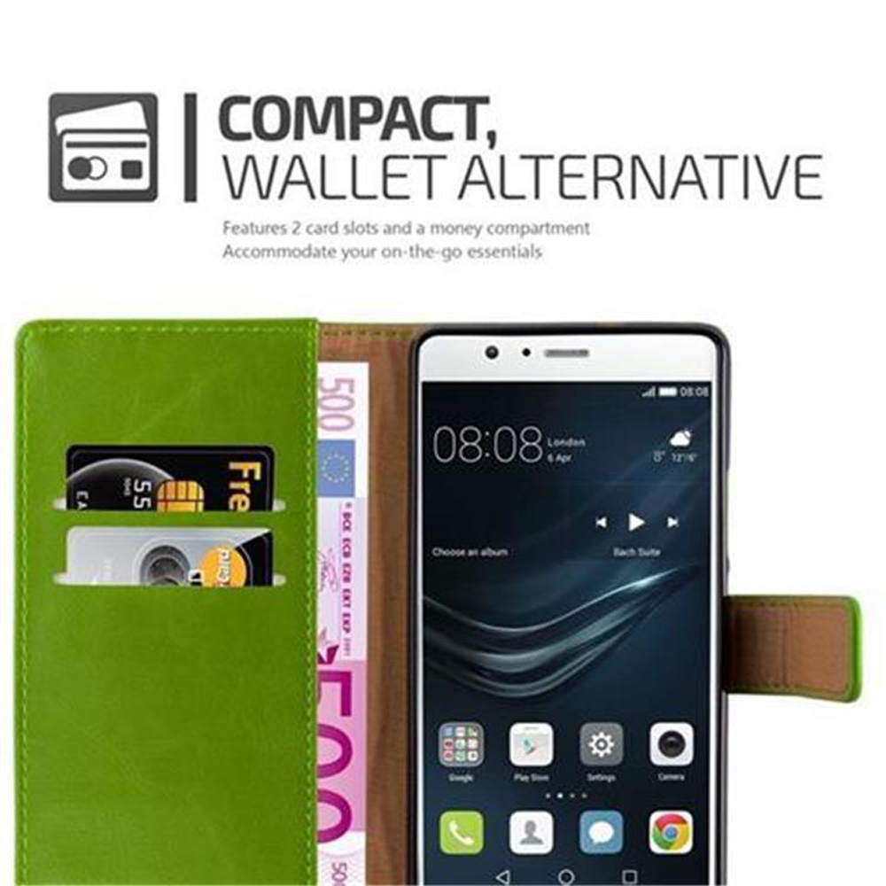 Funda cartera verde con teléfono dentro, tarjetas y dinero. Hora de Londres en el teléfono.