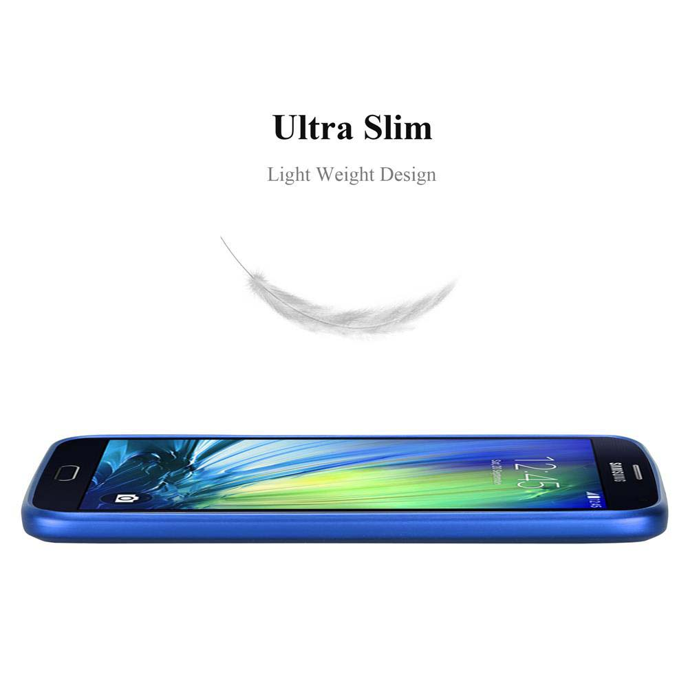 Un teléfono azul con una funda azul y una pluma blanca sobre un fondo blanco. Texto Ultra Slim.
