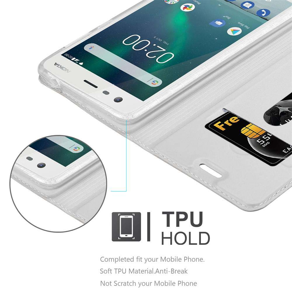 Un telefono bianco in una custodia bianca con una carta di credito all'interno. Un primo piano del telefono è in un cerchio.