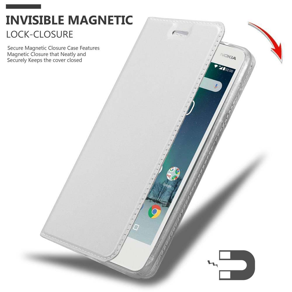 Custodia per telefono bianca, aperta. Un telefono è all'interno. La custodia ha una chiusura magnetica. Sfondo bianco.
