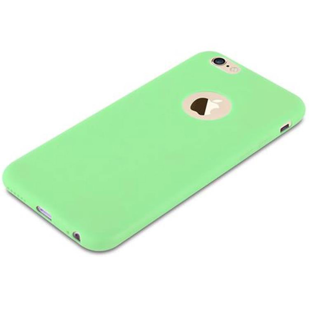 Eine hellgrüne Handyhülle. Das Apple-Logo ist sichtbar. Weißer Hintergrund. Das Telefon hat eine Kamera.