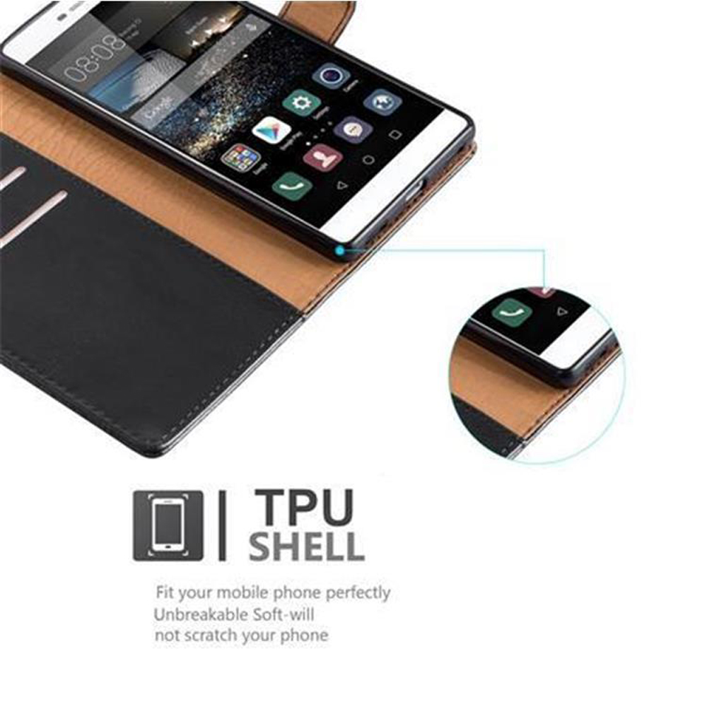 Eine schwarz-braune Handyhülle mit einem Telefon darin. Die Hülle ist offen und zeigt den Bildschirm des Telefons.