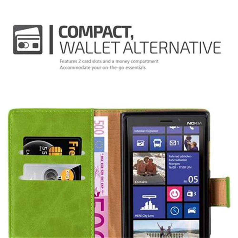 Custodia verde, aperta. Fessure per carte, scomparto per soldi e telefono con icone.
