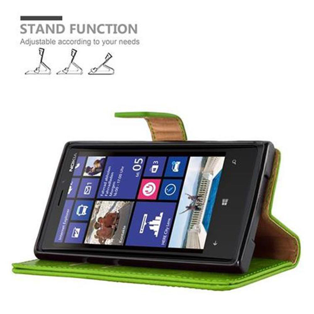 Telefono in custodia verde, con funzione stand. Lo schermo ha icone di applicazioni.