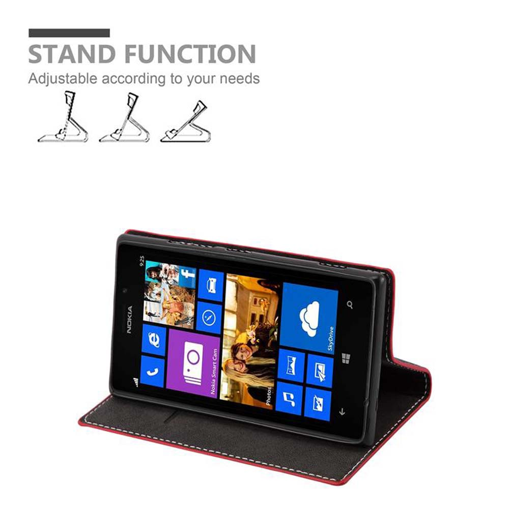 Telefono in custodia rossa e nera, aperto con funzione stand. Lo schermo mostra un'interfaccia.