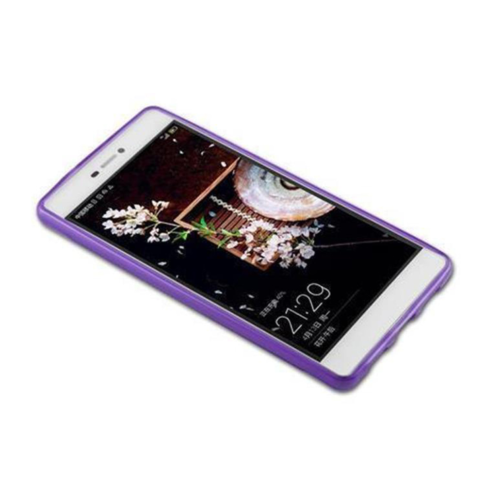 Smartphone bianco in custodia viola. Lo schermo mostra un'immagine floreale e l'ora 21:29.