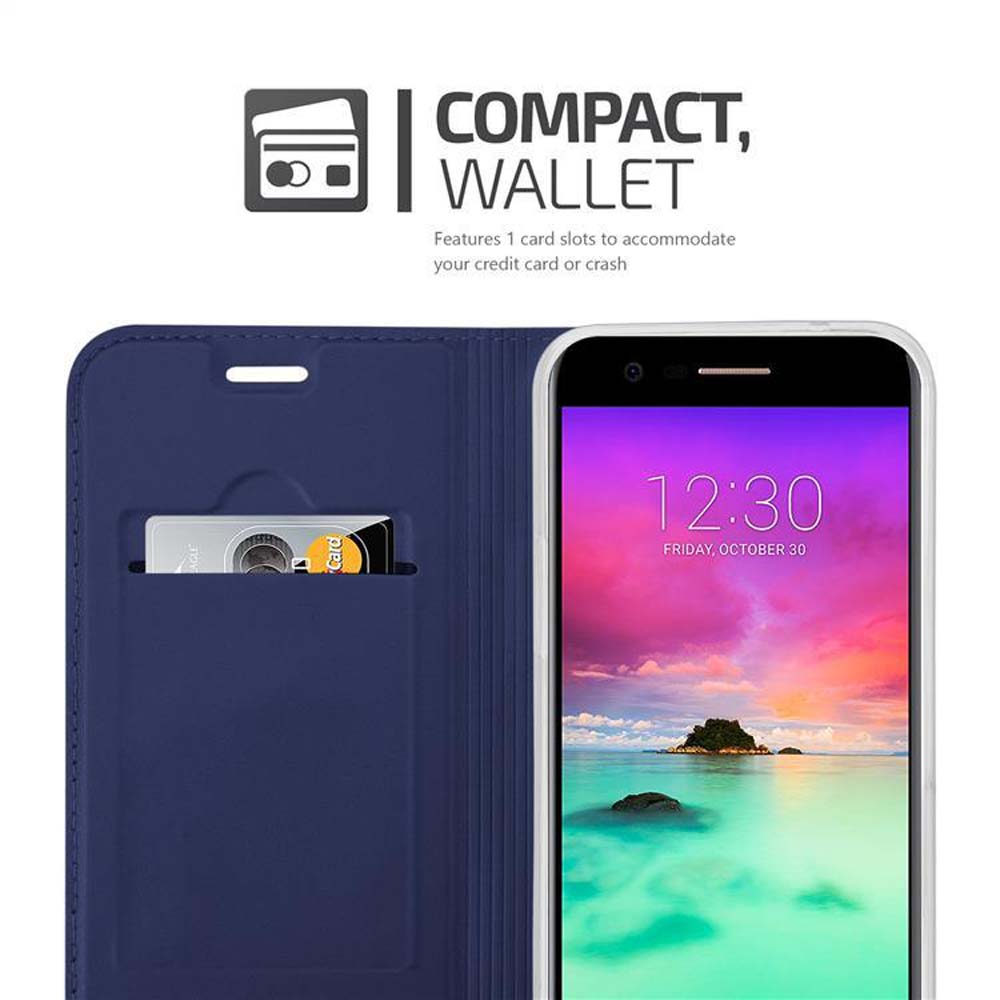 Custodia per telefono a portafoglio blu navy con slot per schede e telefono che mostra ora e data. Il testo recita: COMPACT, WALLET.