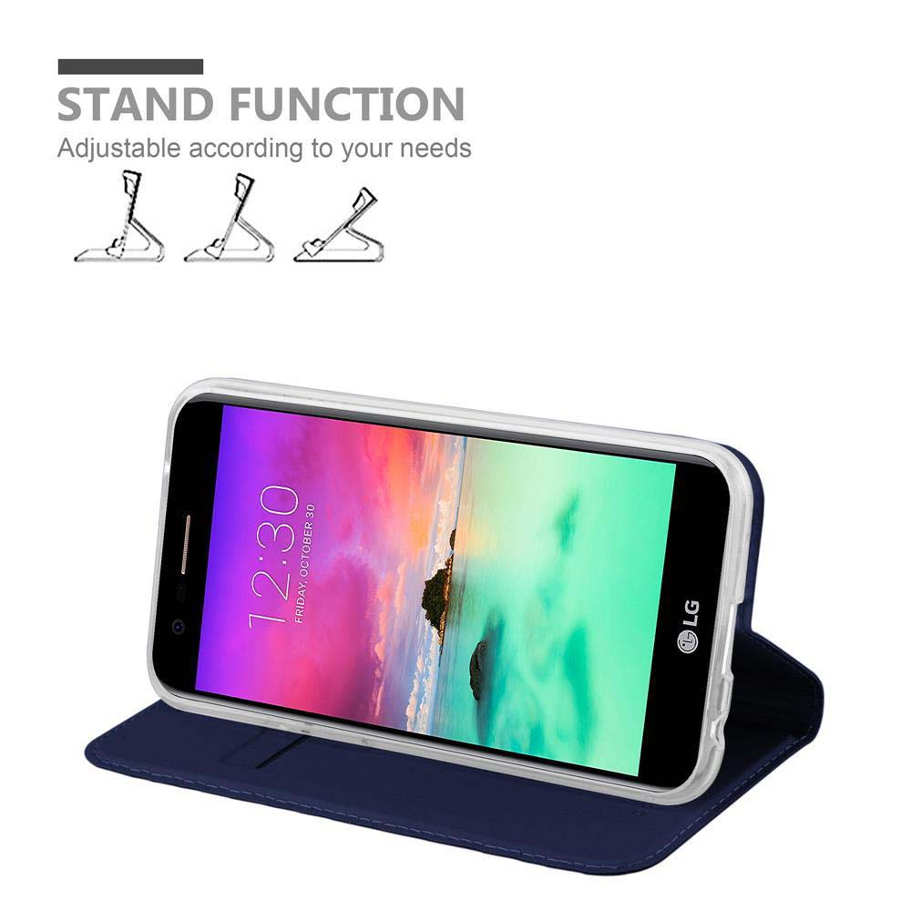 Custodia blu per telefono con funzione stand, che tiene un telefono con una custodia trasparente.