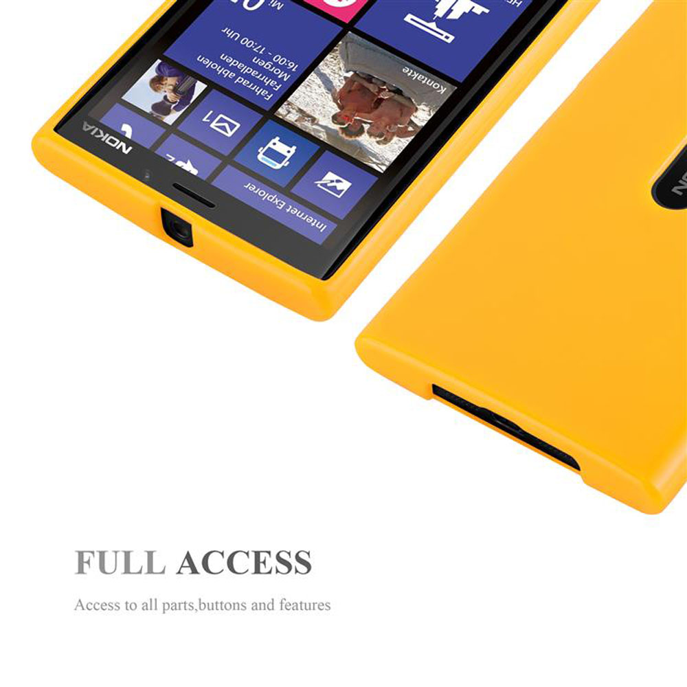 Telefono giallo con custodia gialla. Lo schermo mostra le icone delle app. Testo: Accesso completo.