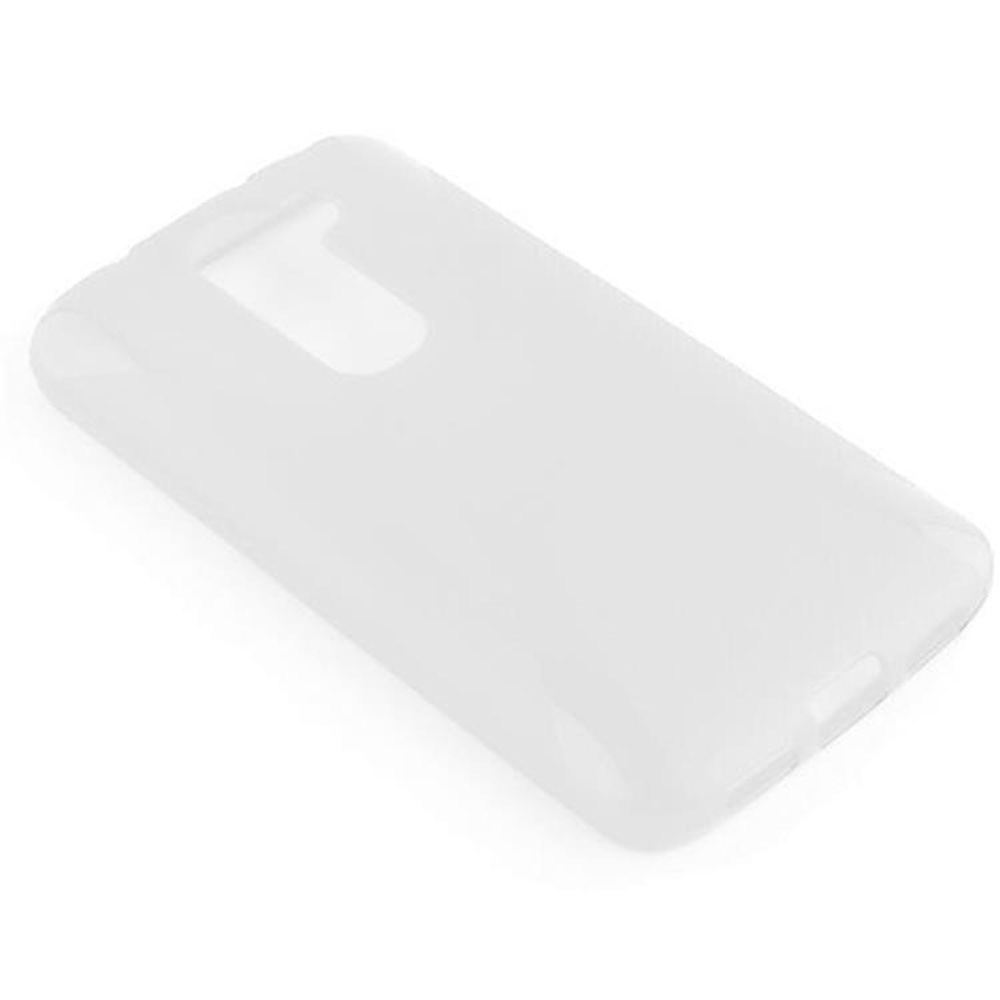 Una custodia bianca per telefono. La custodia ha un ritaglio per la fotocamera. Lo sfondo è bianco.