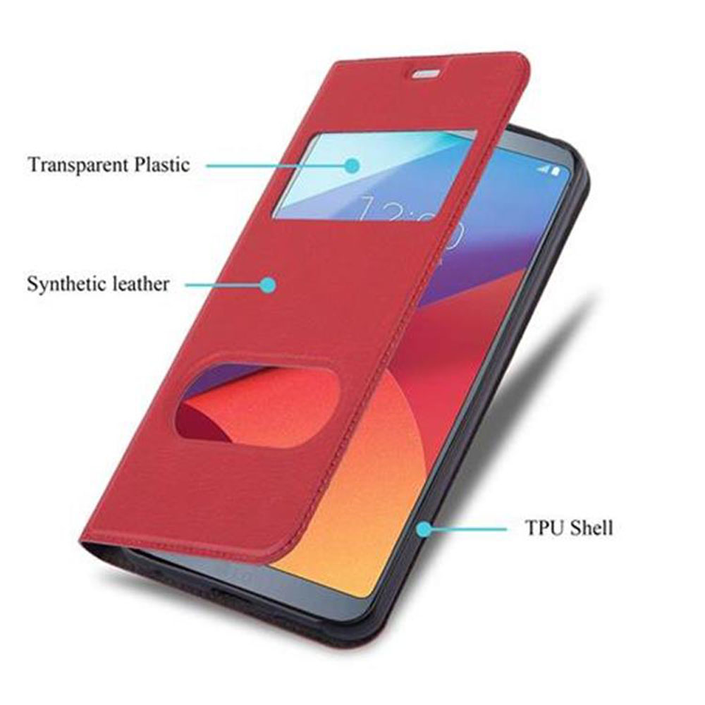 Custodia rossa per telefono aperta che mostra un telefono con uno schermo visibile, insieme alle etichette.