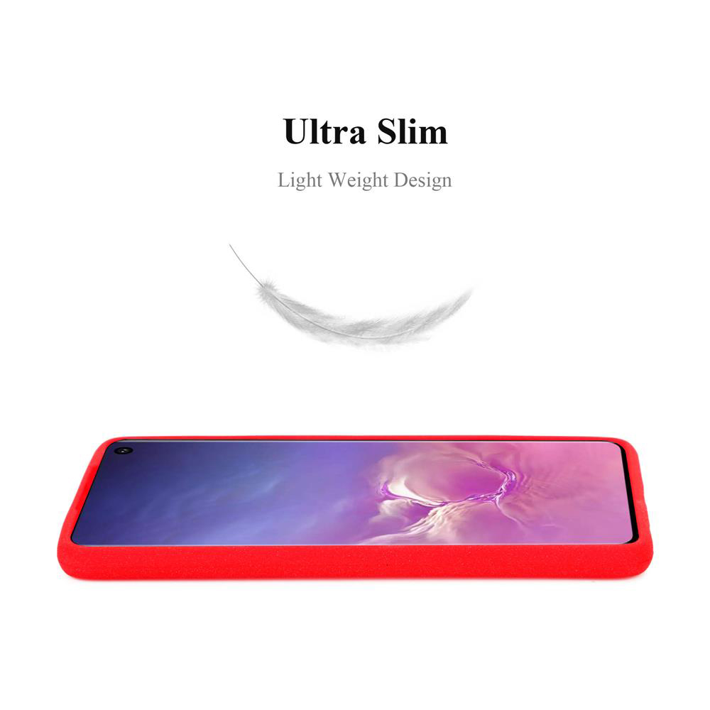 Una custodia rossa per telefono con un telefono è mostrata sotto una piuma su sfondo bianco.