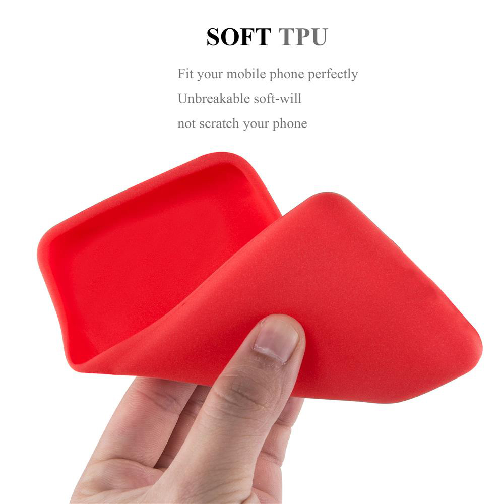 Custodia per telefono rossa flessibile, piegata a forma di U, con l'etichetta 'Soft TPU'.