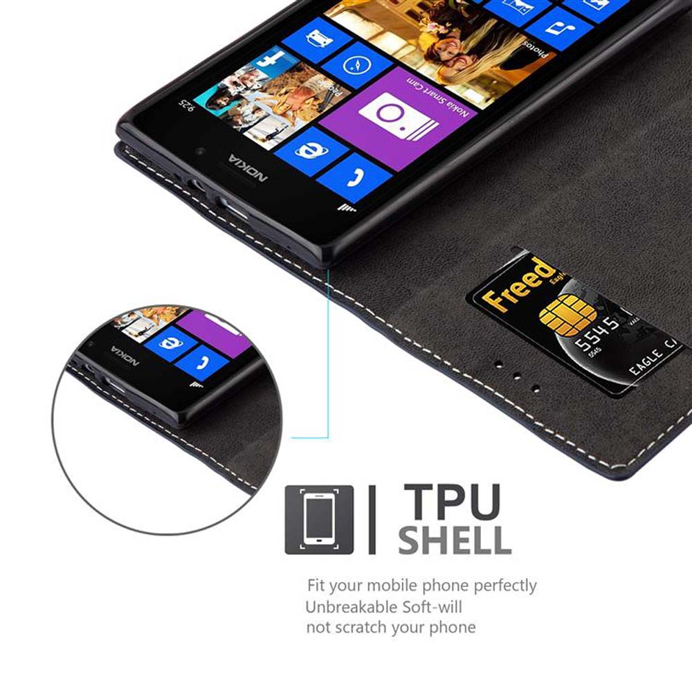 Un telefono Nokia nero in una custodia con una carta. La custodia è aperta.