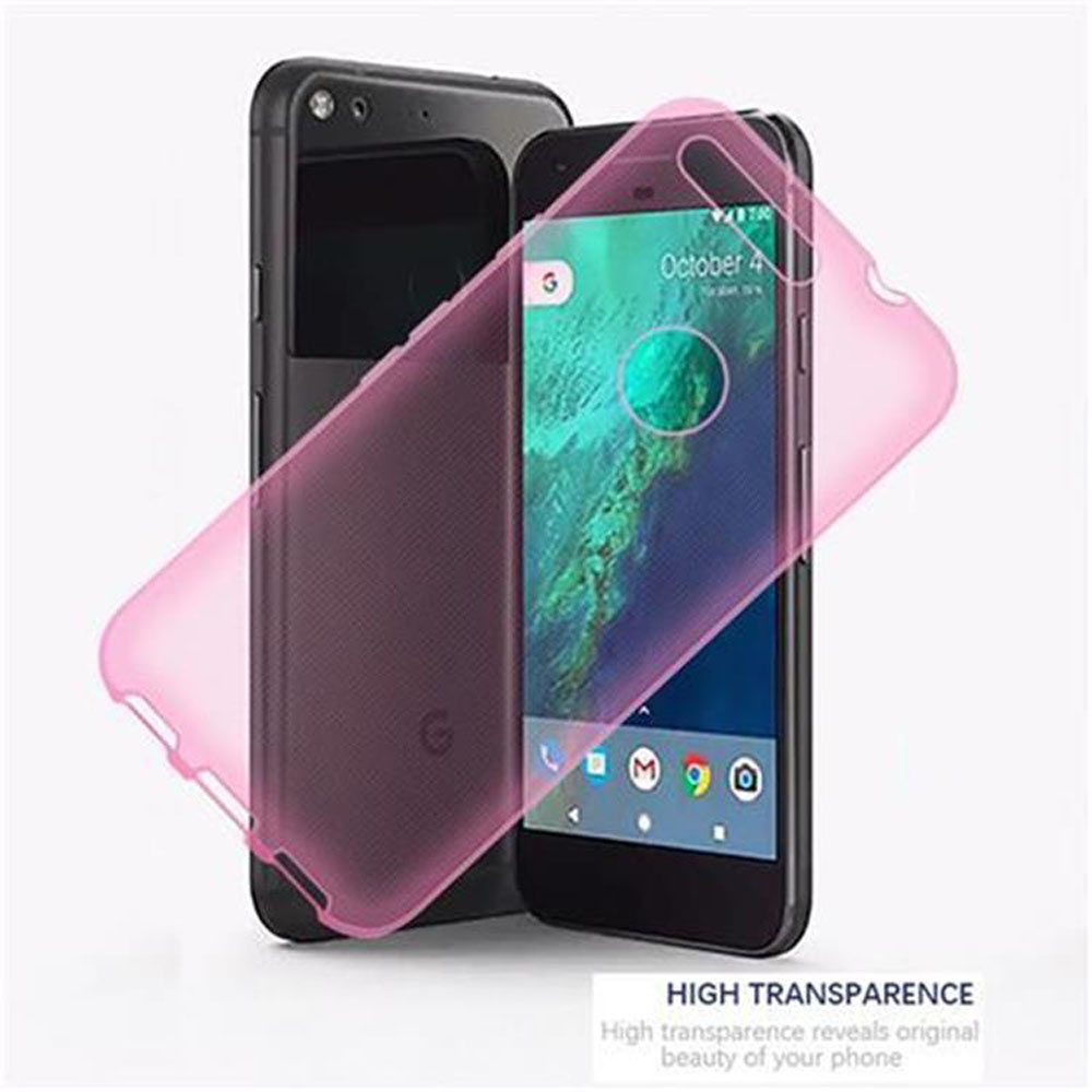 Zwei Telefone mit pinkem Gehäuse. Ein Telefon ist schwarz. Das Gehäuse befindet sich auf dem anderen Telefon. Text Hohe Transparenz.
