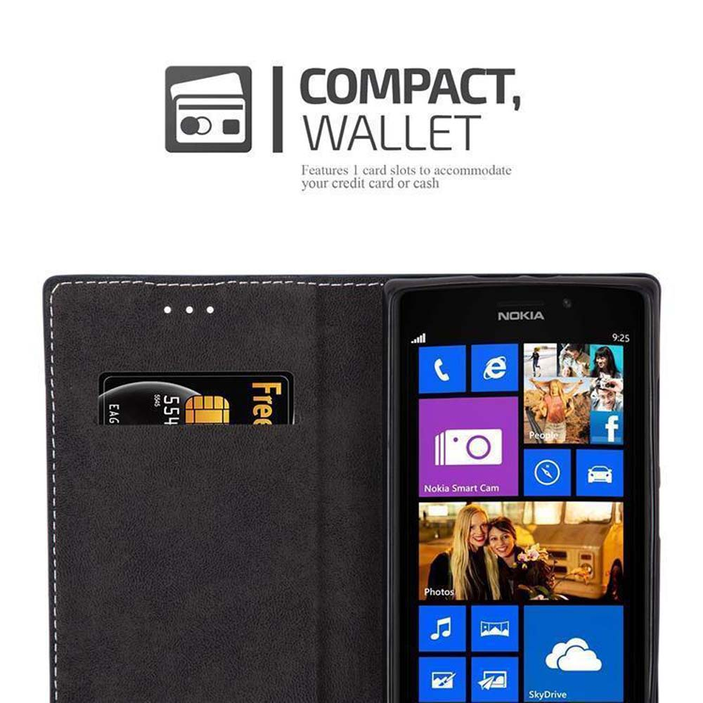 Custodia nera con telefono, slot per carte e carta gratuita sullo schermo.