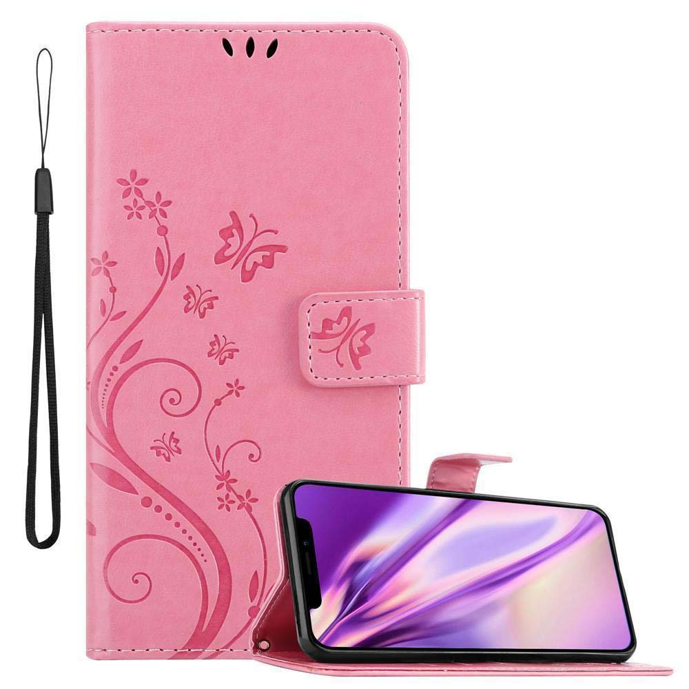 Eine rosa Handyhülle mit Blumendesign und ein Telefon, das geöffnet einen lila Bildschirm zeigt.