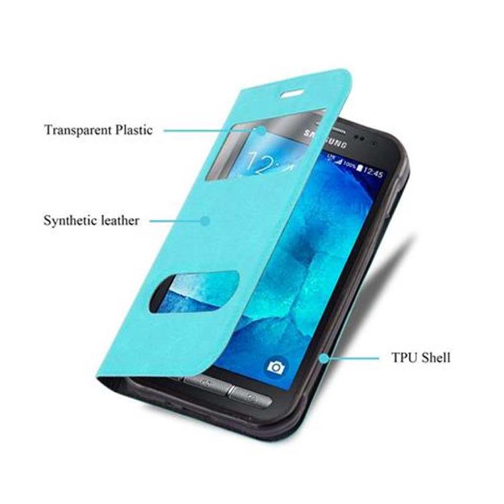 Custodia blu aperta, mostrando lo schermo del telefono. Plastica trasparente, pelle sintetica, guscio in TPU.