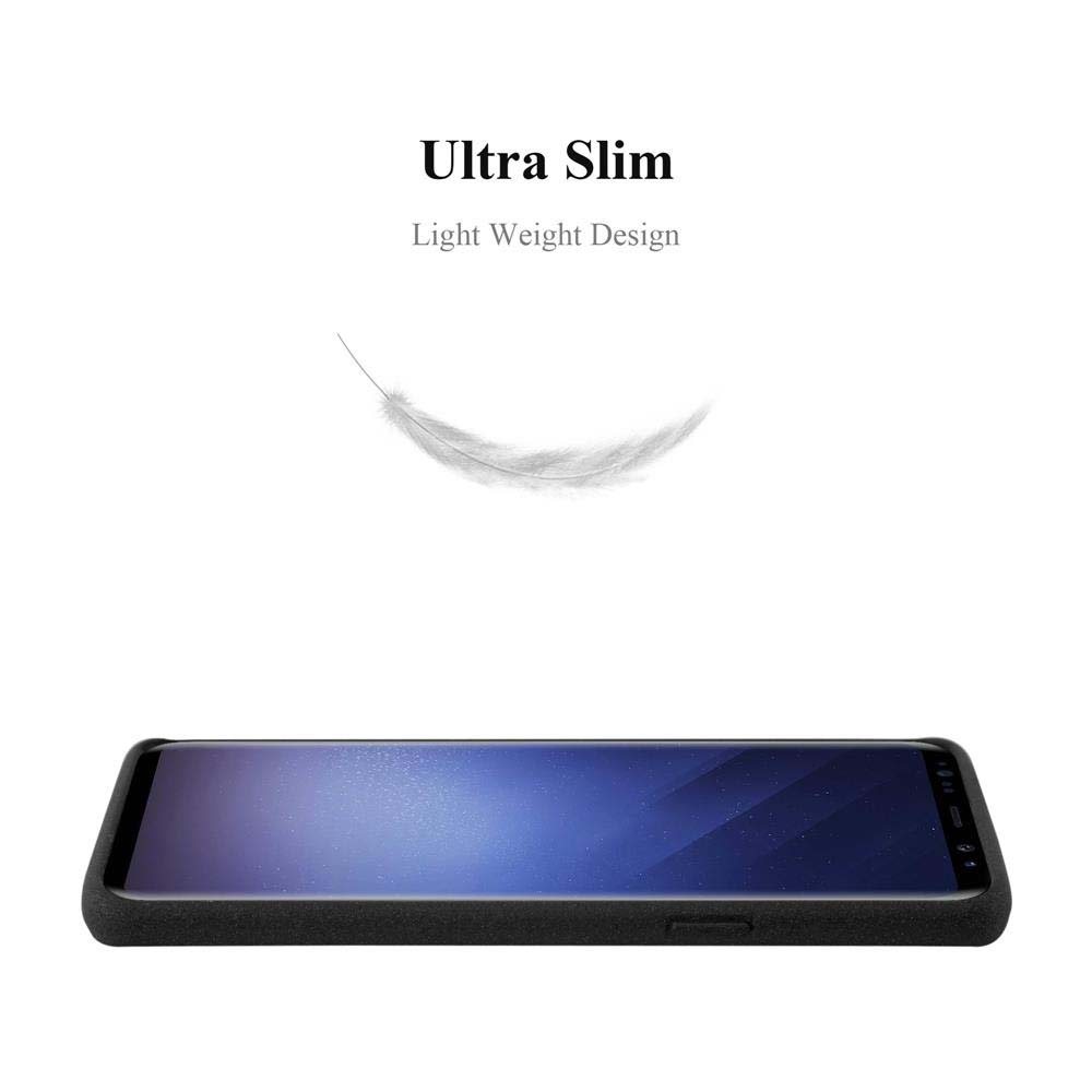 Una custodia nera per telefono con un telefono all'interno. Il testo in alto recita "Ultra Slim". Una grafica di piuma è sopra il telefono.