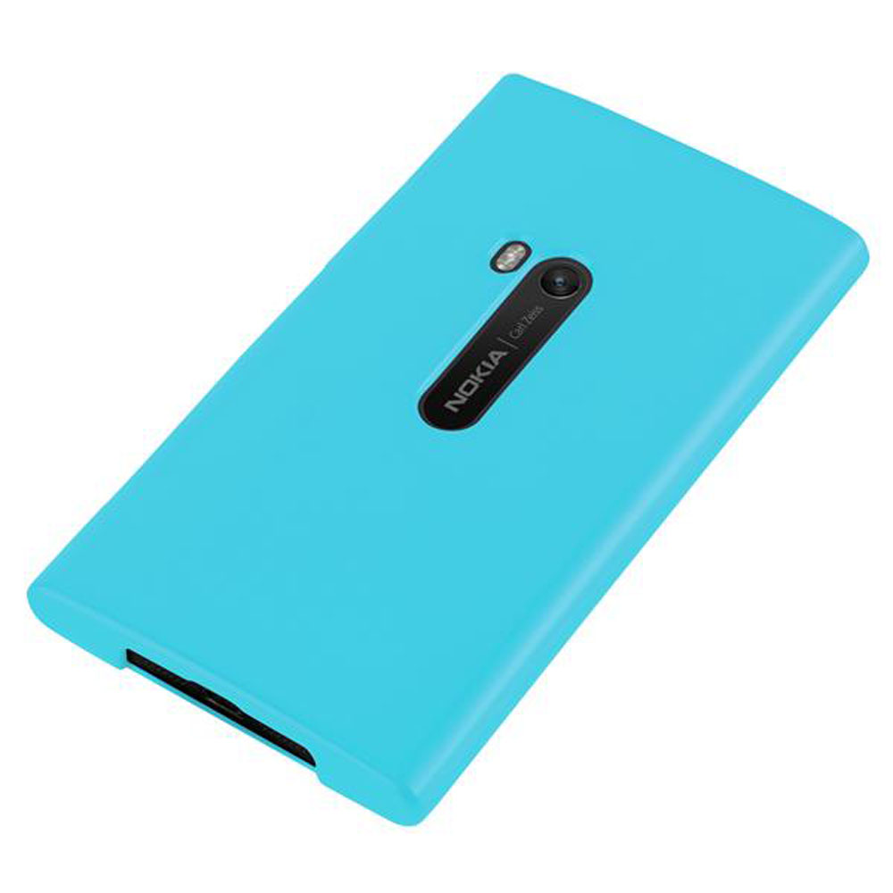 Custodia blu per telefono. Il telefono ha una fotocamera nera e un logo Nokia. La custodia è blu.
