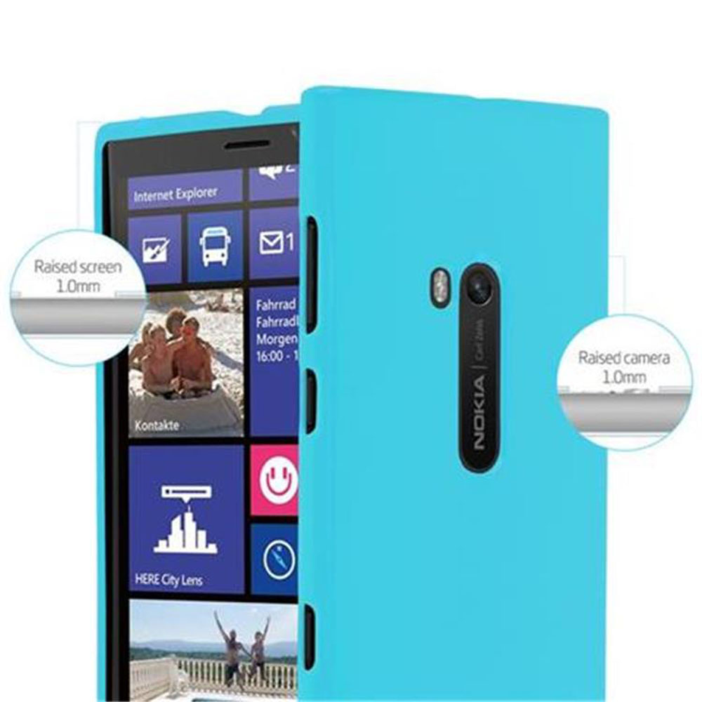 Un telefono con una custodia blu. Il telefono è nella custodia, con la fotocamera rialzata e i dettagli dello schermo in cerchi.