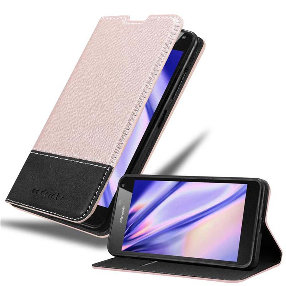 Una funda de teléfono rosa y negra con un teléfono dentro. Está abierta y plegada como un libro.