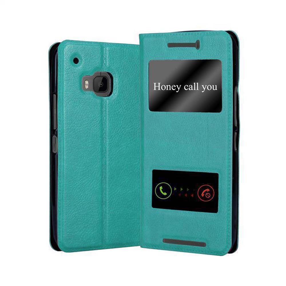 Funda turquesa, cerrada. Interior muestra pantalla de teléfono con notificación de llamada.