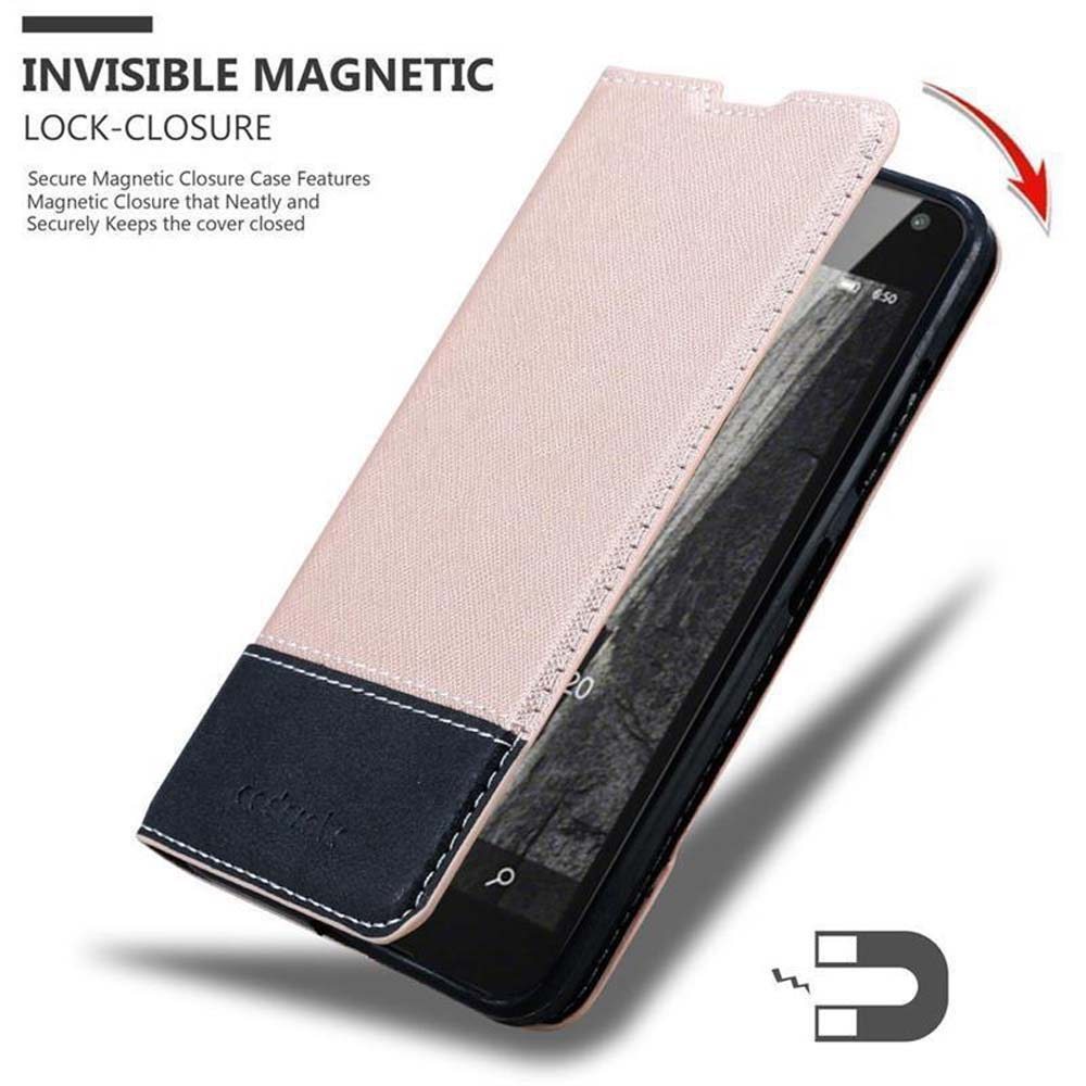 Funda para teléfono rosa y azul marino con teléfono negro dentro. Se muestra el cierre magnético.