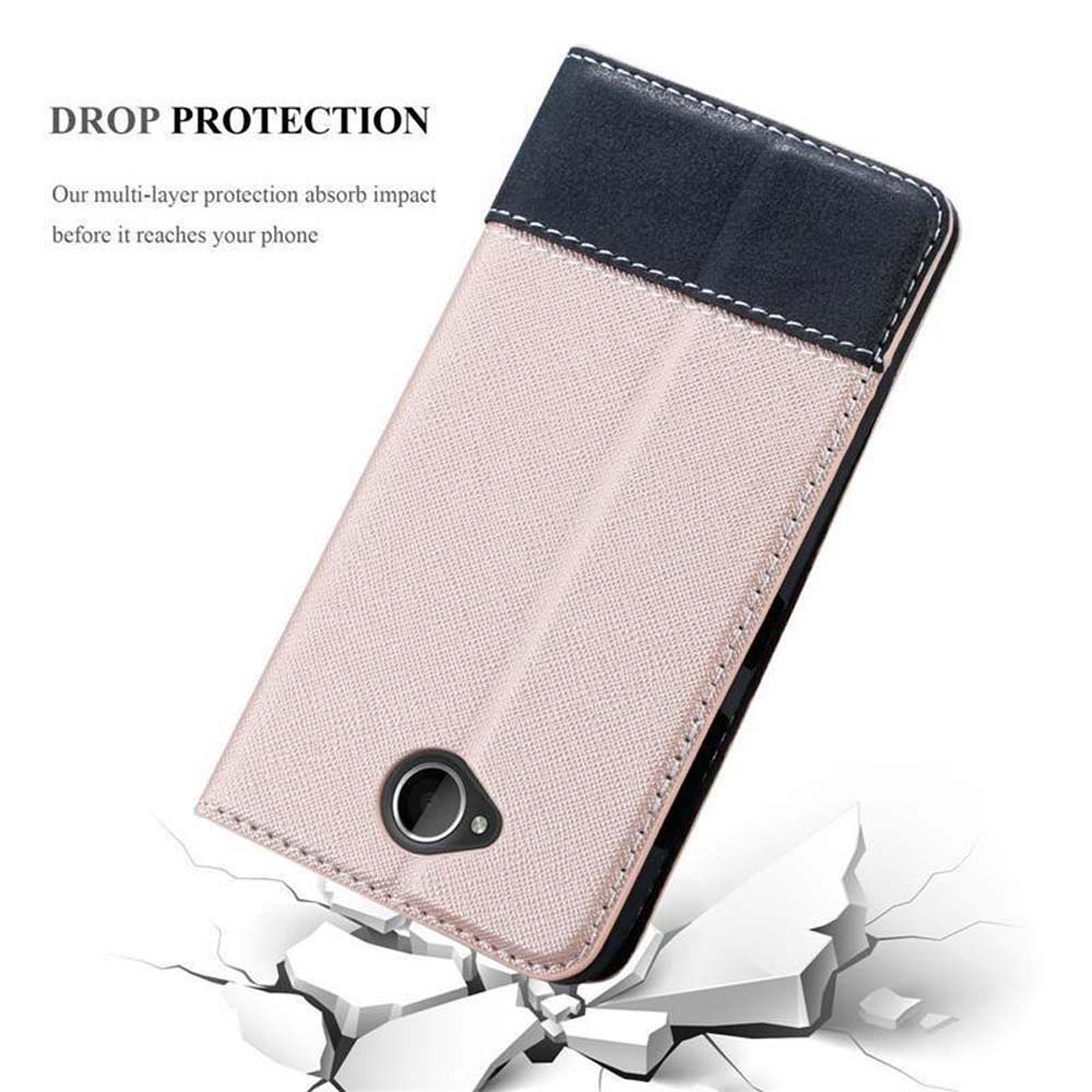 Funda de teléfono cerrada, hecha de materiales beige y negro, con protección contra caídas. Ilustración de una superficie rota.