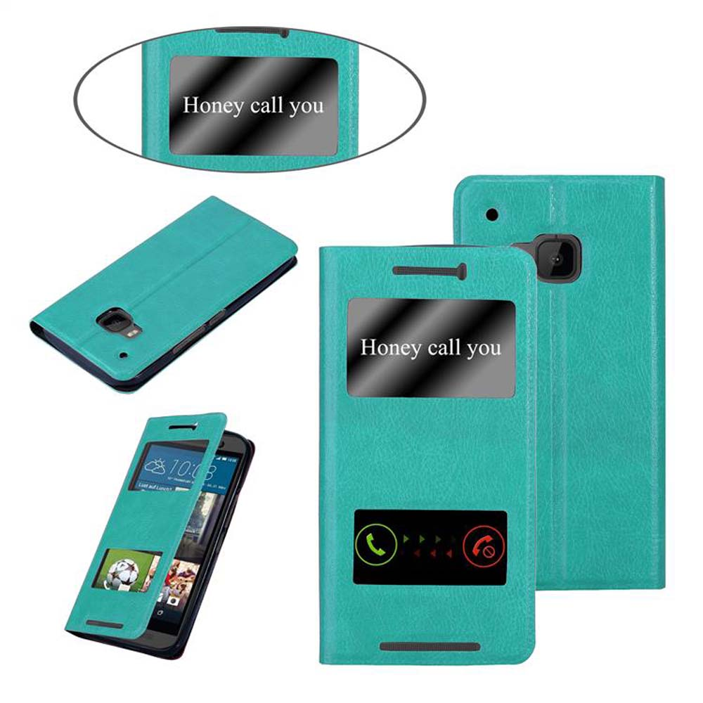 Varios ángulos de una funda de teléfono verde azulado. La funda tiene una ventana. El teléfono está dentro de la funda.