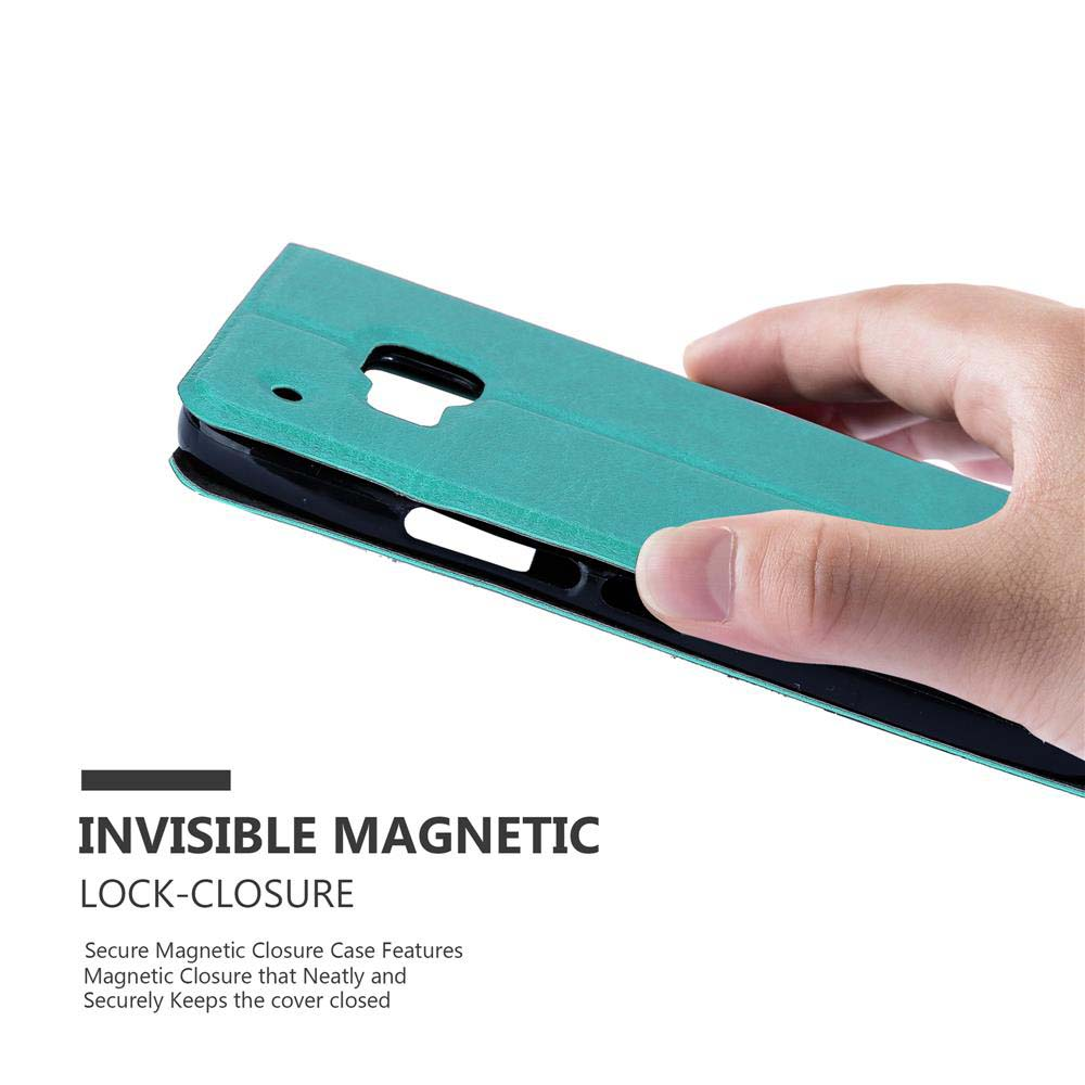 Una mano sostiene una funda de teléfono verde azulado, abierta. El texto dice: Invisible Magnetic Lock-Closure.