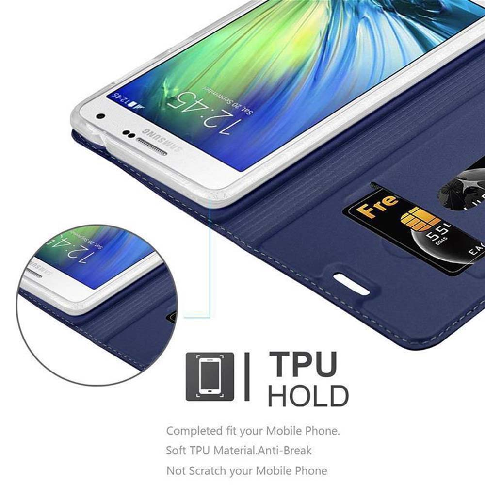 Telefono in una custodia a portafoglio blu scuro. Carta di credito visibile. Testo: TPU HOLD.