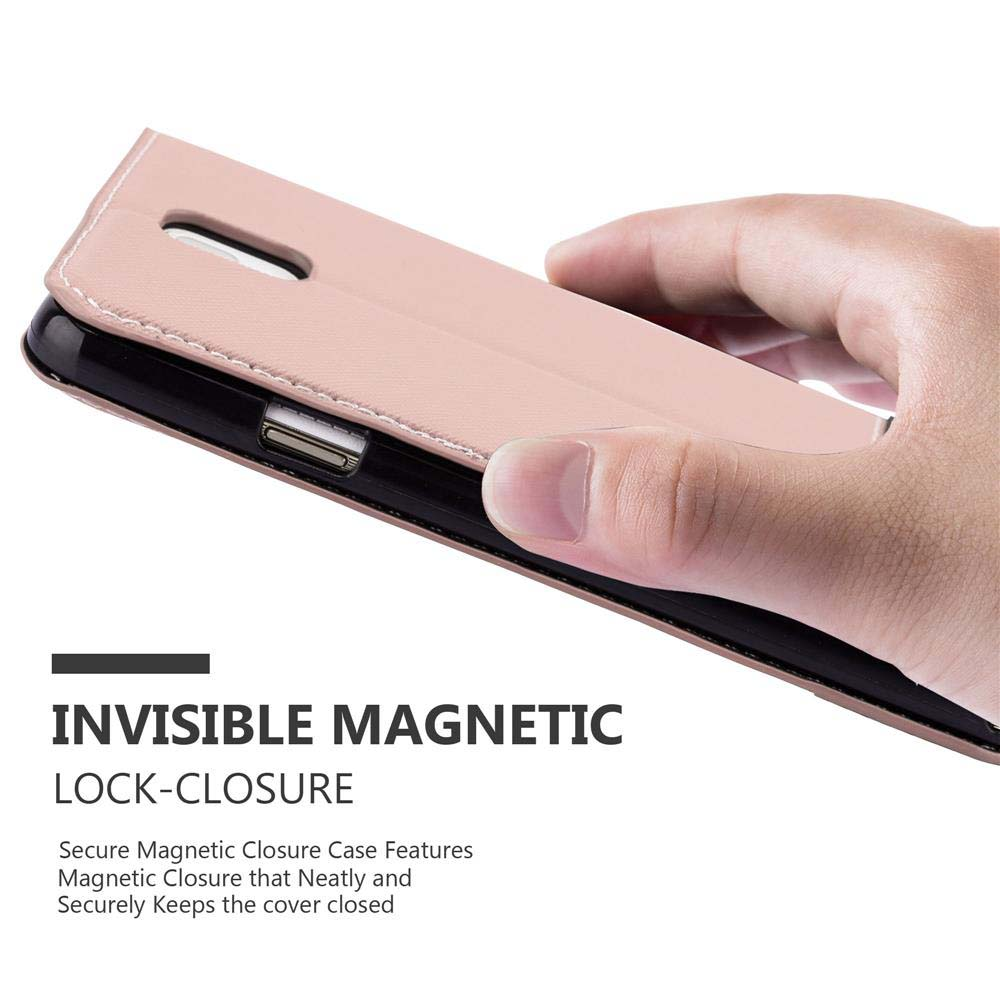 Mano che tiene una custodia rosa per telefono. La custodia è aperta. Testo 'INVISIBLE MAGNETIC LOCK-CLOSURE' visibile.