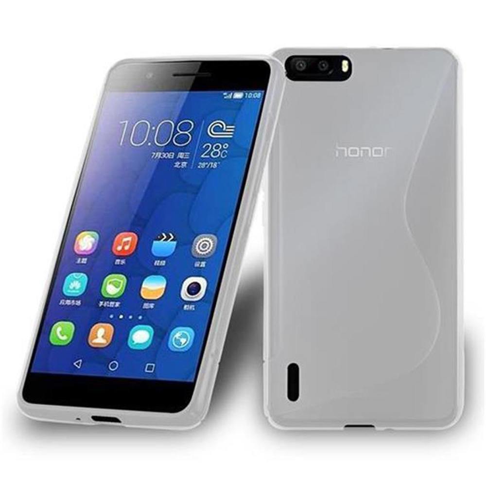 Un telefono Honor grigio con custodia bianca. Lo schermo mostra ora e icone.