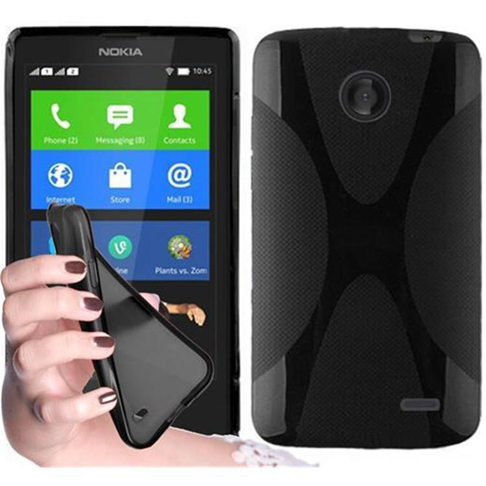 Telefono Nokia nero, lo schermo mostra le icone delle app. Una mano tiene la custodia.