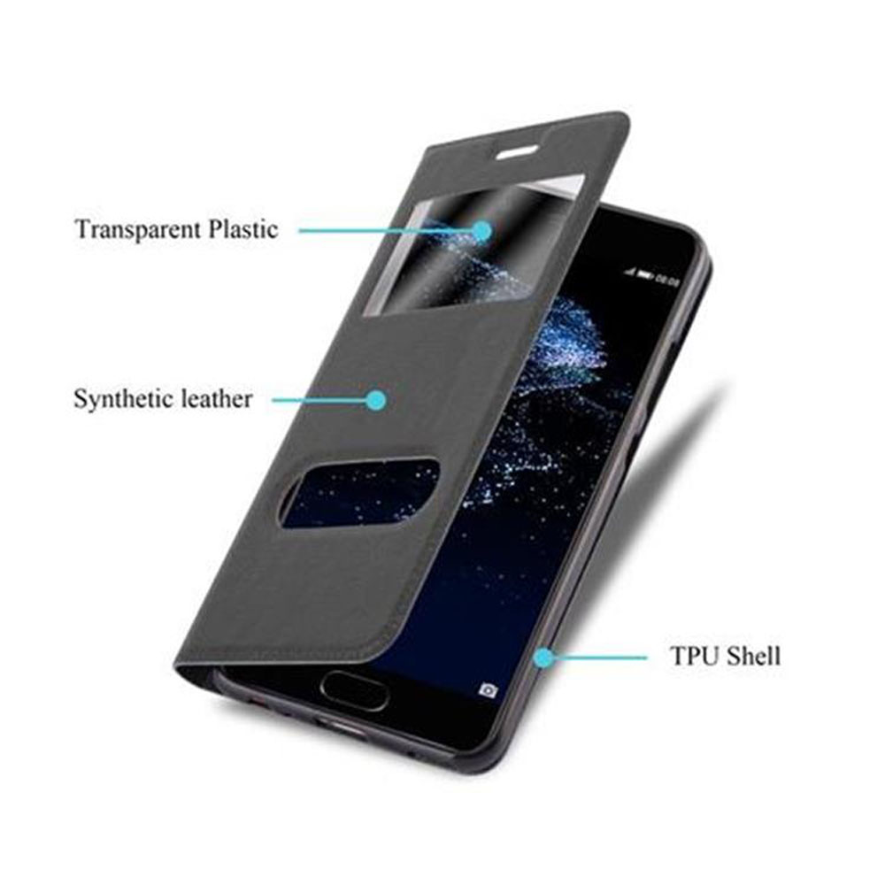 Custodia grigia aperta per mostrare il telefono. Plastica trasparente e pelle sintetica visibili.