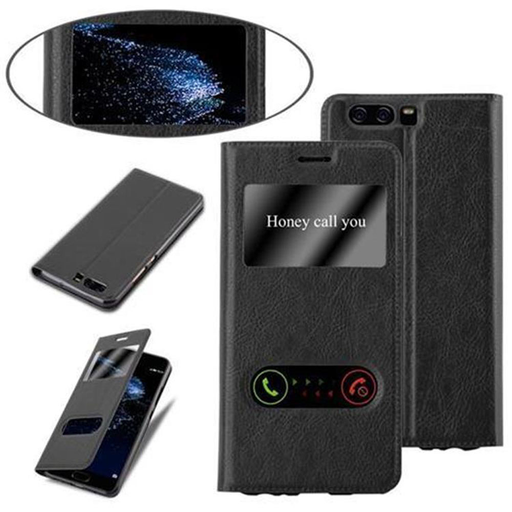 Una custodia per telefono con finestra sullo schermo viene mostrata aperta, mostrando il telefono e l'interfaccia di chiamata.