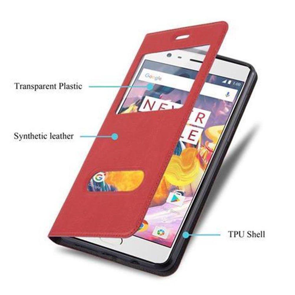 Custodia rossa per telefono con telefono all'interno. Custodia aperta. Testo: Plastica trasparente, pelle sintetica, guscio TPU.
