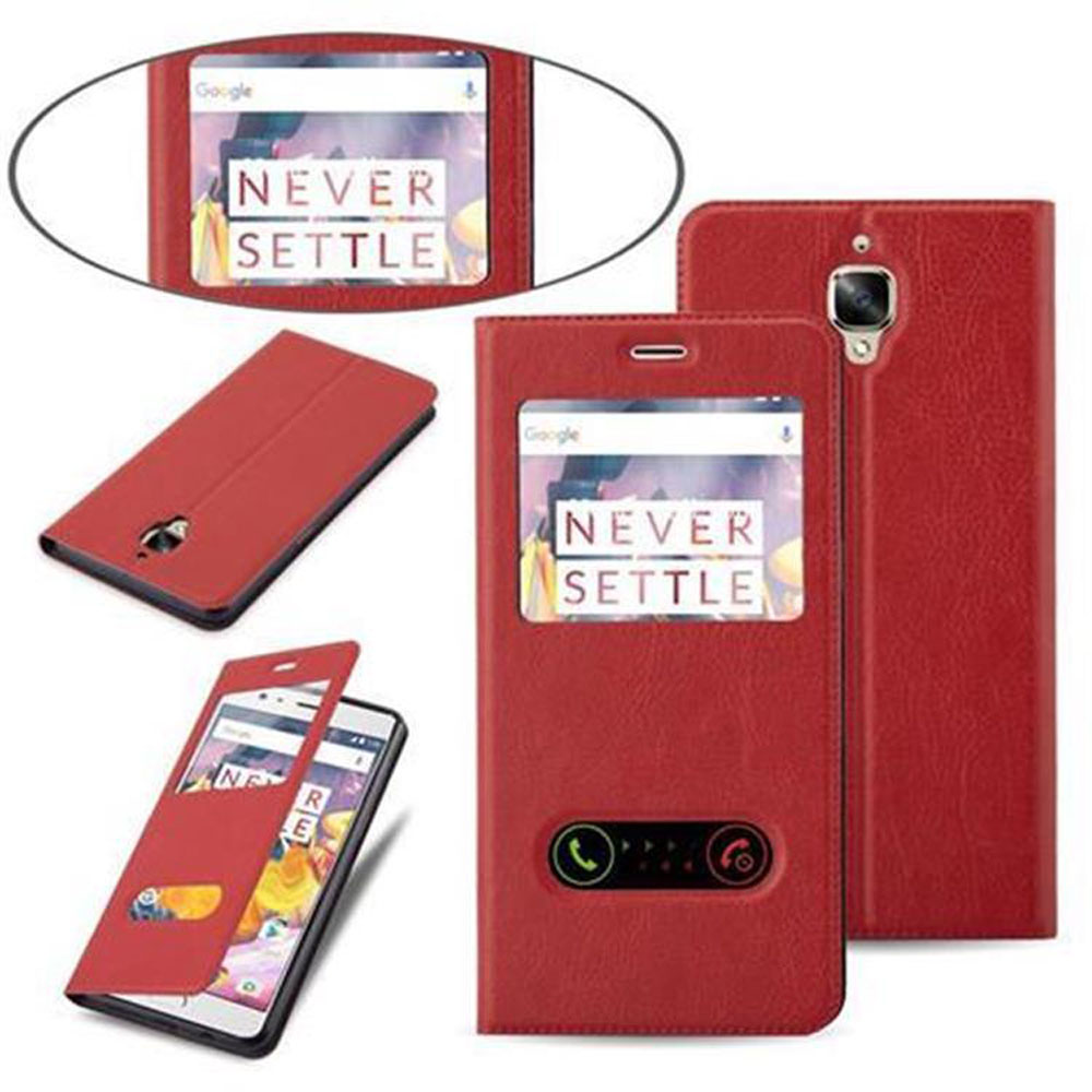 Custodia rossa con un telefono all'interno. La custodia è aperta, lo schermo è visibile. Il testo dice "NEVER SETTLE".