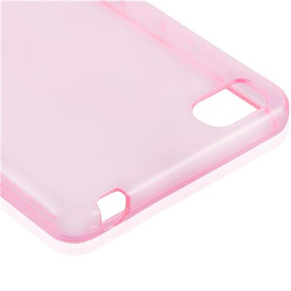 Custodia rosa per telefono, primo piano, con un foro per la fotocamera.