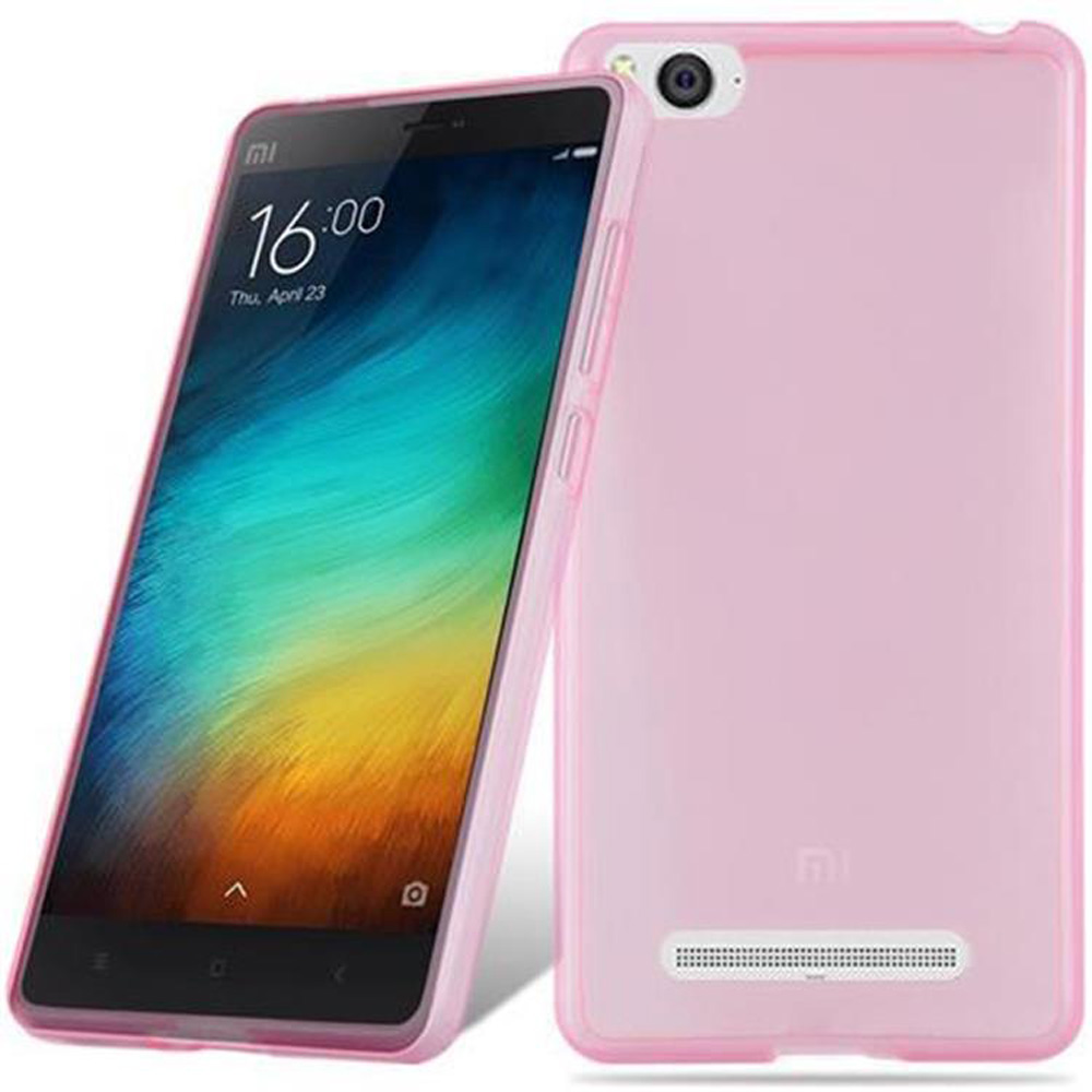 Custodia per telefono rosa su un telefono. Il telefono è angolato e l'altra custodia è accanto. Sfondo rosa e bianco.