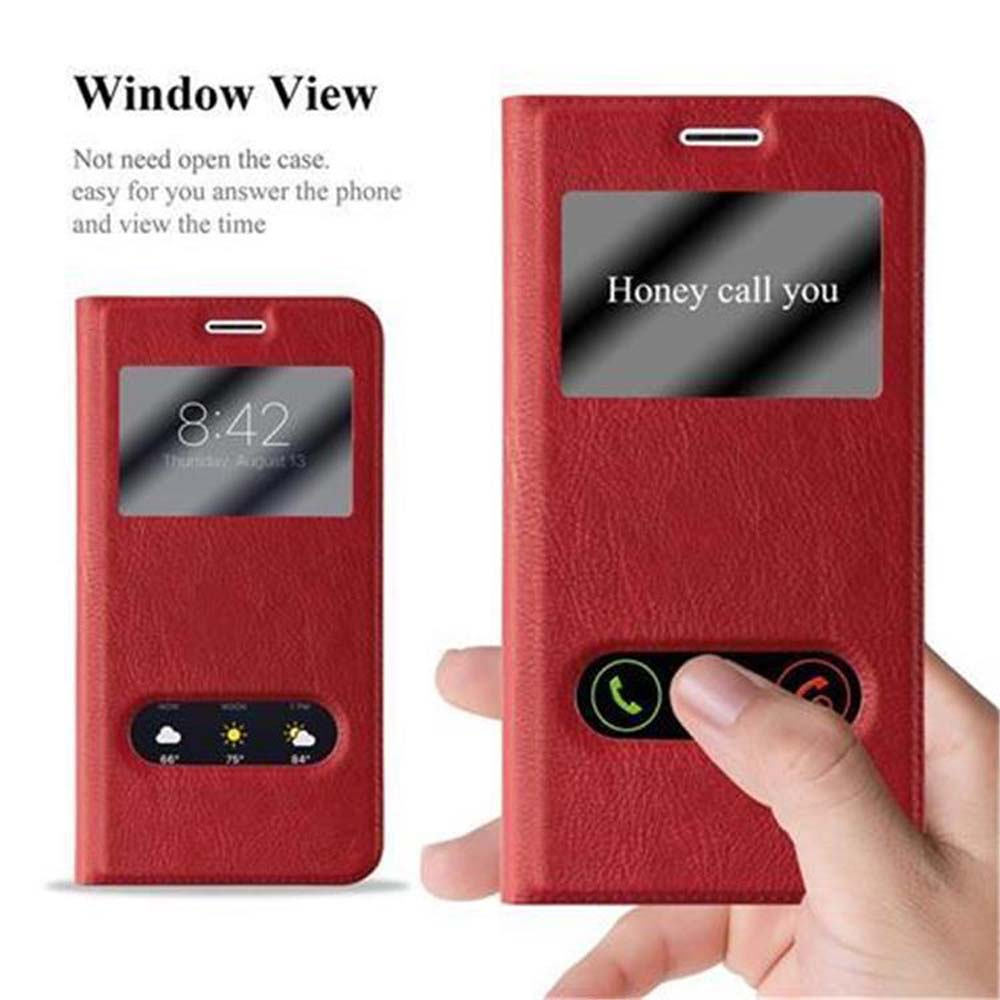 Custodia rossa con telefono all'interno, che mostra ora e meteo. Il testo dice 'Window View'.