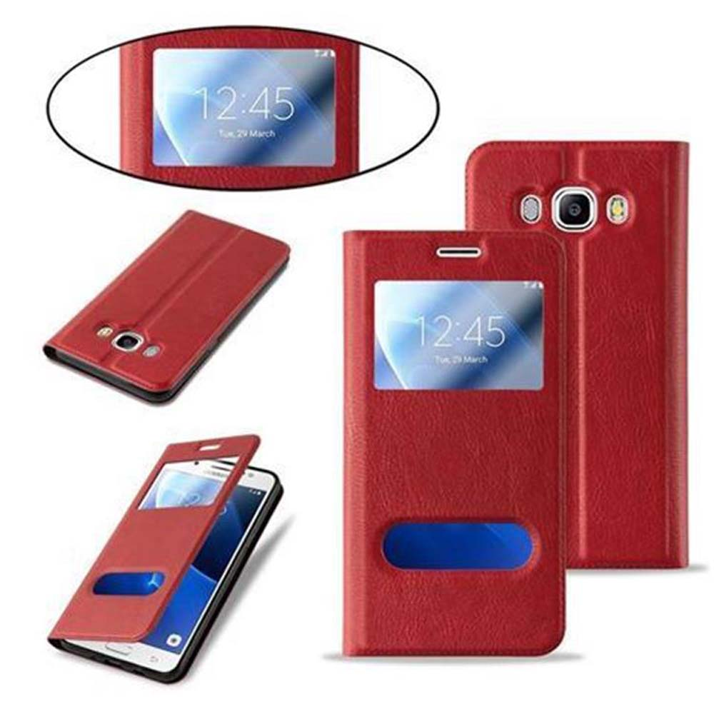 Custodia per telefono rossa. Diverse viste della custodia con il telefono all'interno.